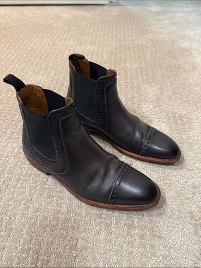 Taft Black Leather Chelsea Cap-Toe Boots with Brown Welt